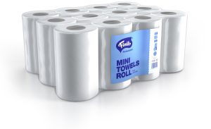 kéztörlő 14 cm 2 réteg,  hófehér, 12 tekercs/zsugor, MINI, Zizin